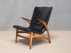 Arne Hovmand Olsen Important Arne Hovmand Olsen Armchair in Black Leather Oak Teak Denmark 1952 - 4278156