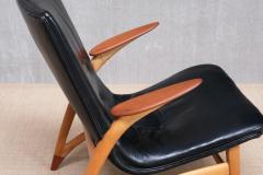 Arne Hovmand Olsen Important Arne Hovmand Olsen Armchair in Black Leather Oak Teak Denmark 1952 - 4278158