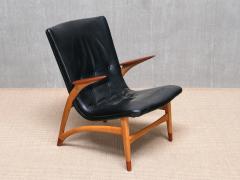 Arne Hovmand Olsen Important Arne Hovmand Olsen Armchair in Black Leather Oak Teak Denmark 1952 - 4278160