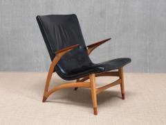 Arne Hovmand Olsen Important Arne Hovmand Olsen Armchair in Black Leather Oak Teak Denmark 1952 - 4278163