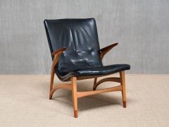 Arne Hovmand Olsen Important Arne Hovmand Olsen Armchair in Black Leather Oak Teak Denmark 1952 - 4278165