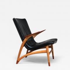 Arne Hovmand Olsen Important Arne Hovmand Olsen Armchair in Black Leather Oak Teak Denmark 1952 - 4278975