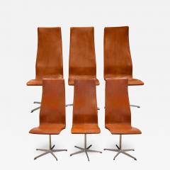 Arne Jacobsen Arne Jacobson Set of 6 High Back Dining Chairs in Camel Leather 1960s Signed  - 2902280