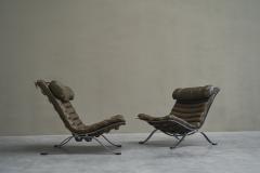 Arne Norell Arne Norell Pair of Ari Lounge Chairs in Steel and Patinated Leather Sweden - 4467870