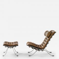 Arne Norell Easy Chair in Leather and Steel with Stool by Arne Norell 1970s - 4523515