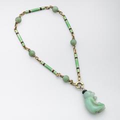 Art Deco 14kt Gold Green Black Enamel bracelet a Carved Jade Monkey Charm - 4721643