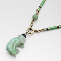 Art Deco 14kt Gold Green Black Enamel bracelet a Carved Jade Monkey Charm - 4721644