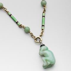 Art Deco 14kt Gold Green Black Enamel bracelet a Carved Jade Monkey Charm - 4721645