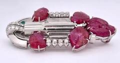 Art Deco 20 00 Carat Carved Ruby Diamond Brooch - 3461942