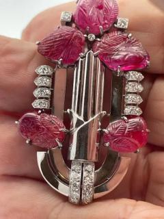 Art Deco 20 00 Carat Carved Ruby Diamond Brooch - 3462143