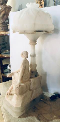 Art Deco Alabaster Domed Table Lamp Depicting a Seated Lady at a Street Lamp - 2978717