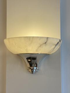 Art Deco Alabaster Sconces Nickel Details France 1950 - 4737433