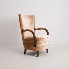 Art Deco Armchair in Curly Flaming Birch and Peach Velvet Finland 1930s - 4588066