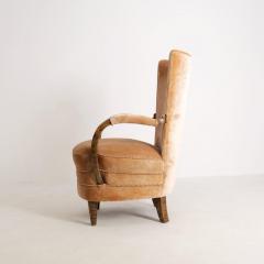 Art Deco Armchair in Curly Flaming Birch and Peach Velvet Finland 1930s - 4588068