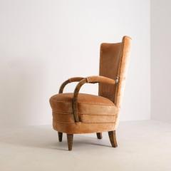 Art Deco Armchair in Curly Flaming Birch and Peach Velvet Finland 1930s - 4588069