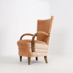 Art Deco Armchair in Curly Flaming Birch and Peach Velvet Finland 1930s - 4588076