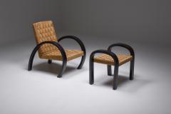Art Deco Armchair with Ottoman Rush Seating 1940s - 1939275