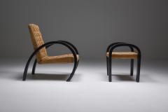 Art Deco Armchair with Ottoman Rush Seating 1940s - 1939276