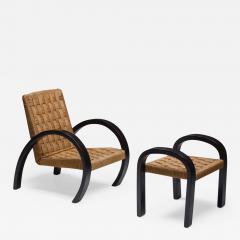 Art Deco Armchair with Ottoman Rush Seating 1940s - 1940472
