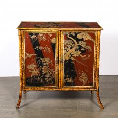 Art Deco Bamboo Cubist Red Black Geometric Detailed Gilt Chinoiserie Cabinet - 4654321