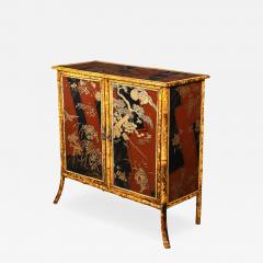 Art Deco Bamboo Cubist Red Black Geometric Detailed Gilt Chinoiserie Cabinet - 4659988
