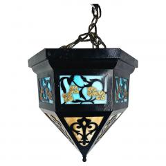 Art Deco Black Metal Multi Color Glass with Filigree Design Pendant or Lantern - 3872696