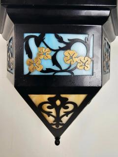 Art Deco Black Metal Multi Color Glass with Filigree Design Pendant or Lantern - 3872701