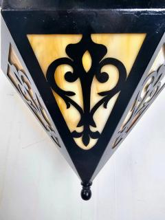 Art Deco Black Metal Multi Color Glass with Filigree Design Pendant or Lantern - 3872702