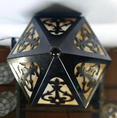 Art Deco Black Metal Multi Color Glass with Filigree Design Pendant or Lantern - 3872703