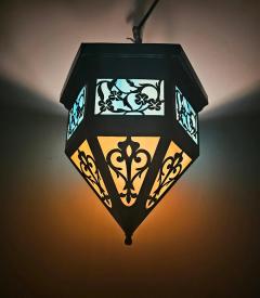 Art Deco Black Metal Multi Color Glass with Filigree Design Pendant or Lantern - 3872705