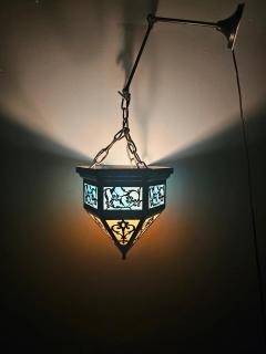 Art Deco Black Metal Multi Color Glass with Filigree Design Pendant or Lantern - 3872708