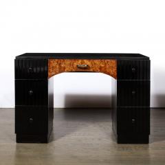 Art Deco Book Matched Burled Chrome Pulls Fluted Back Walnut Desk - 3276360