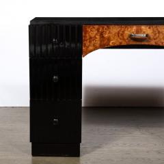 Art Deco Book Matched Burled Chrome Pulls Fluted Back Walnut Desk - 3276365