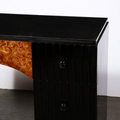 Art Deco Book Matched Burled Chrome Pulls Fluted Back Walnut Desk - 3276367