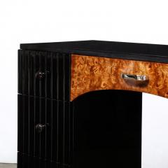 Art Deco Book Matched Burled Chrome Pulls Fluted Back Walnut Desk - 3276520