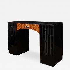 Art Deco Book Matched Burled Chrome Pulls Fluted Back Walnut Desk - 3281381
