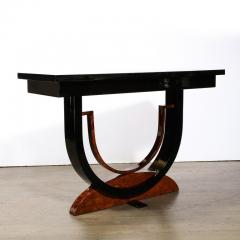 Art Deco Book Matched Burled Walnut Sculptural Black Lacquered Console Table - 3276145