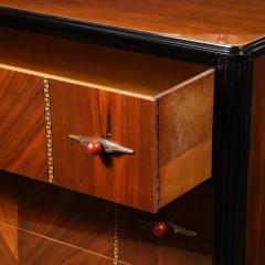 Art Deco Book Matched Walnut Black Lacquer Detailed Chest w Bakelite Pulls - 4465791