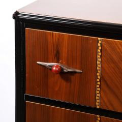 Art Deco Book Matched Walnut Black Lacquer Detailed Chest w Bakelite Pulls - 4465797
