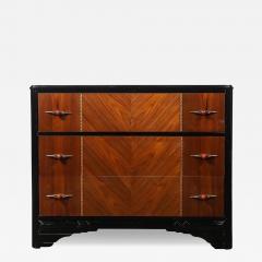 Art Deco Book Matched Walnut Black Lacquer Detailed Chest w Bakelite Pulls - 4465945