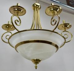 Art Deco Brass Chandelier with White Milk Frosted Glass Bottom Bowl 6 Arms - 3850757