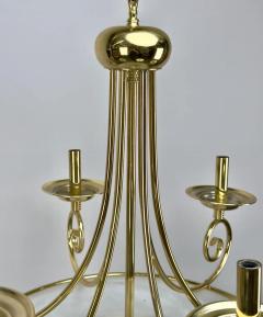 Art Deco Brass Chandelier with White Milk Frosted Glass Bottom Bowl 6 Arms - 3850759