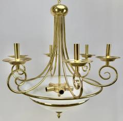 Art Deco Brass Chandelier with White Milk Frosted Glass Bottom Bowl 6 Arms - 3850760