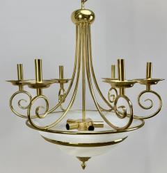 Art Deco Brass Chandelier with White Milk Frosted Glass Bottom Bowl 6 Arms - 3850761