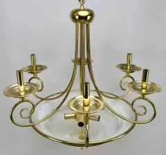 Art Deco Brass Chandelier with White Milk Frosted Glass Bottom Bowl 6 Arms - 3850762