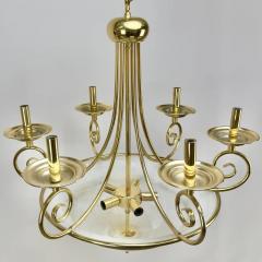 Art Deco Brass Chandelier with White Milk Frosted Glass Bottom Bowl 6 Arms - 3850763