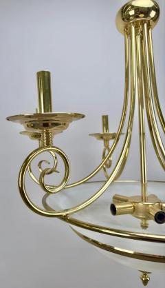 Art Deco Brass Chandelier with White Milk Frosted Glass Bottom Bowl 6 Arms - 3850764