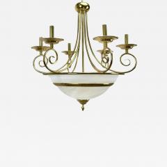 Art Deco Brass Chandelier with White Milk Frosted Glass Bottom Bowl 6 Arms - 3854899