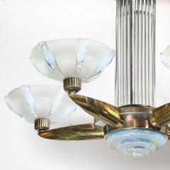 Art Deco Brass Petitot Chandelier w Glass Rods Opalescent Glass Shades - 4745526
