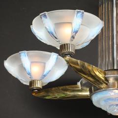 Art Deco Brass Petitot Chandelier w Glass Rods Opalescent Glass Shades - 4745530